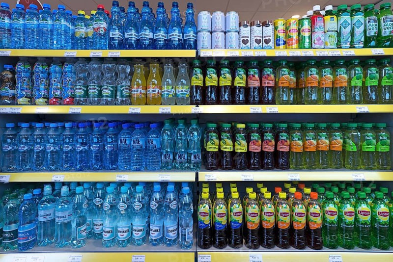 Refrigerated rack with drinks in a Polish gas station, Krakow, Poland