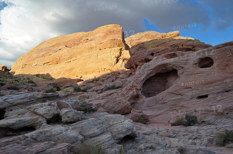 Yellow rocks in sunset light with dramatic shadows, Valley of Fire State Park, Nevada, USA