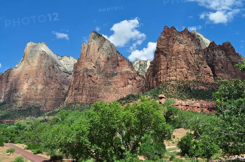 Impressive red rock formations against blue sky and green trees, Zion National Park, Utah, USA