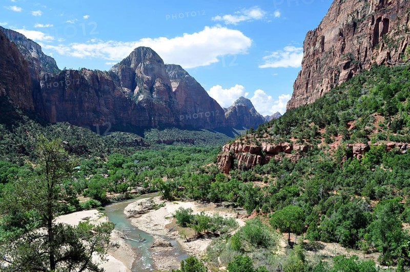 River flows through a lush valley surrounded by imposing mountains and green vegetation, Zion National Park, Utah, USA