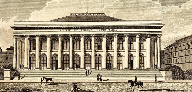 Bourse de Paris, Palais Brongniart, façade of the Paris Stock Exchange, France, steps, columns, square, rider, people, money, finances, securities, trade, architecture, building, steel engraving, historical illustration 1834