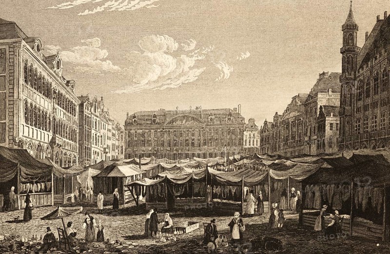 Brussels, Belgium, marketplace, covered stalls, trade, economy, many people, magnificent architecture, buildings, steel engraving, historical illustration 1834