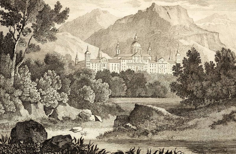 San Lorenzo de El Escorial monastery and palace complex, Madrid, Spain, Sierra de Guadarrama, 16th century, UNESCO World Heritage Site, Renaissance, dome, river landscape, forest, idyllic location, architecture, building, steel engraving, historical illustration 1834