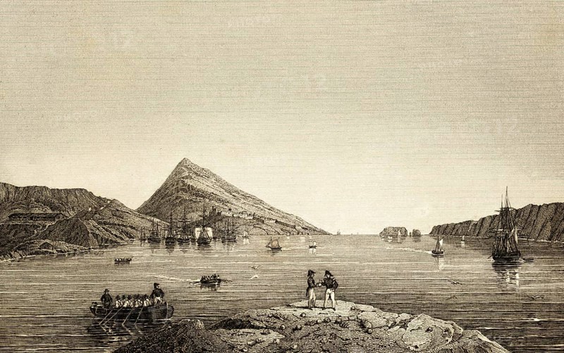 Navarino with Navarino Bay, today Pylos, Greece, mountains, soldiers, rowing boats, sailing ships, buildings, steel engraving, historical illustration 1834