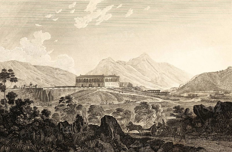Boa Vista pleasure castle near San Christovao, Potosi district, Andes, horse-drawn carriage, rider, Bolivia, architecture, building, steel engraving, historical illustration 1834
