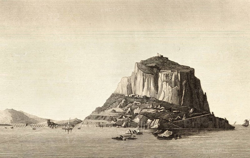 Entrance to the port of Monemvasia, rocky island off the coast of Laconia, Peloponnese peninsula, Greece, Byzantine Empire, strategic importance, fortress, base, fleet, geology, geography, steel engraving, historical illustration 1834