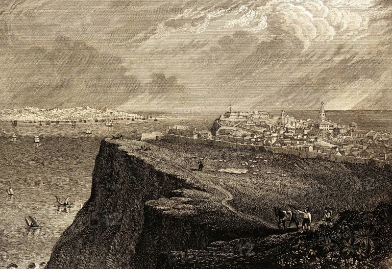 Lisbon cityscape seen from Almada, south of the Tagus, Atlantic, sailing ships, cliffs, path, cattle, people, city wall, Portugal, architecture, building, steel engraving, historical illustration 1834