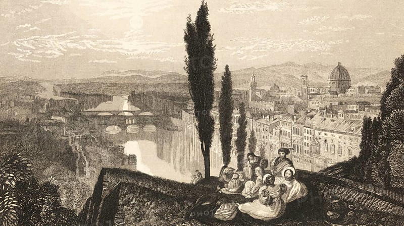 Florence with the Cathedral Cattedrale di Santa Maria del Fiore, Tuscany, view from above, viewpoint, picnique, pause, group, pine trees, Arno, bridges, mountains, Italy, architecture, building, steel engraving, historical illustration 1834