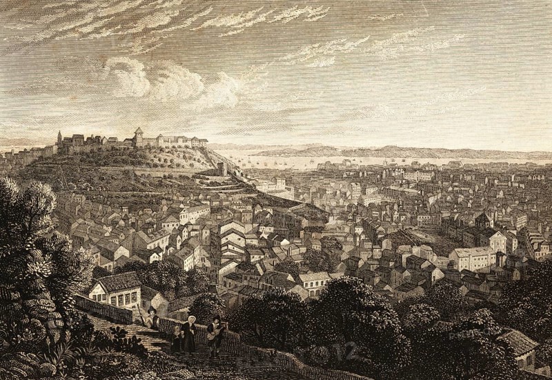 Lisbon cityscape, view of the city from the Senhora do Monte chapel, mirador, viewpoint, castle complex, Tagus, Portugal, architecture, building, steel engraving, historical illustration 1834