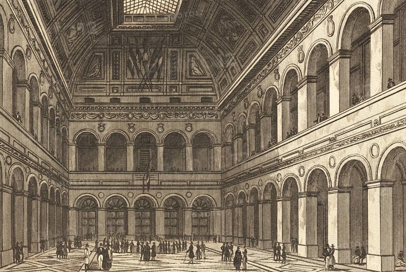 Bourse de Paris, Palais Brongniart, stock exchange of the Paris Stock Exchange, France, bow, flags, decorations, people, money, finances, securities, trade, architecture, building, steel engraving, historical illustration 1834