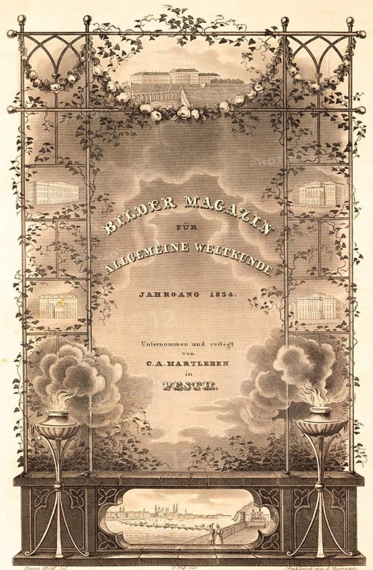 Introduction to the Bilder Magazin für Allgemeine Weltkunde, Architecture, Cityscape, Symbols, Title, Book, Building, Steel Engraving, Historical Illustration 1834