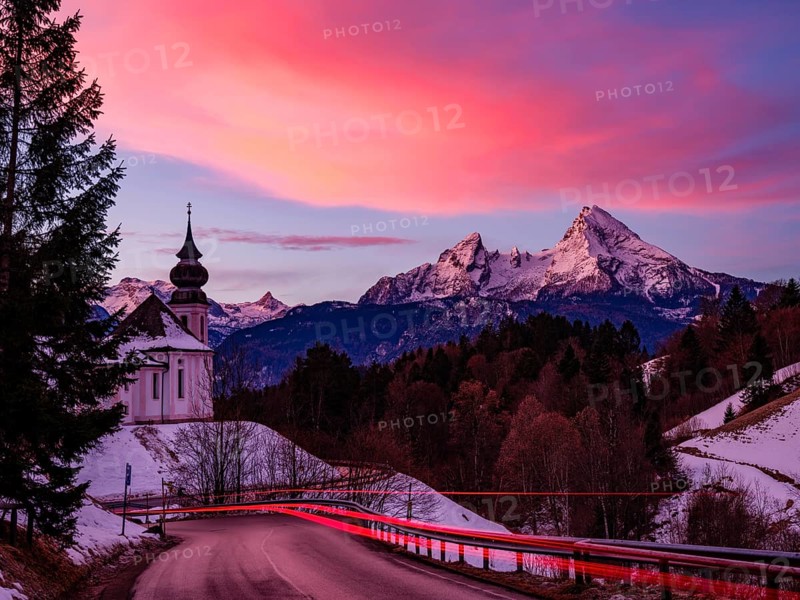 Watzmann and the pilgrimage church of Maria Gern at dawn, traces of light on the road in the foreground, long exposure, Berchtesgaden, Berchtesgadener Land, Upper Bavaria, Germany