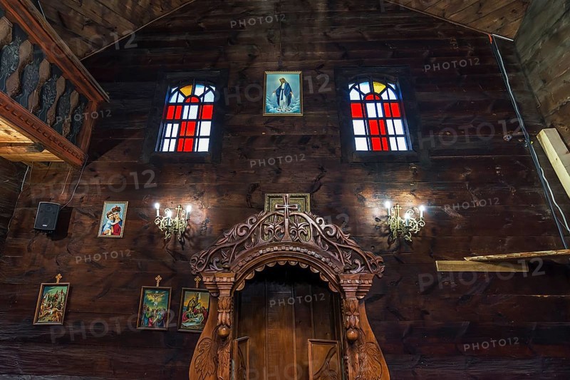 Interior of the historic wooden Trinity Church, Zhovkva city, Ukraine
