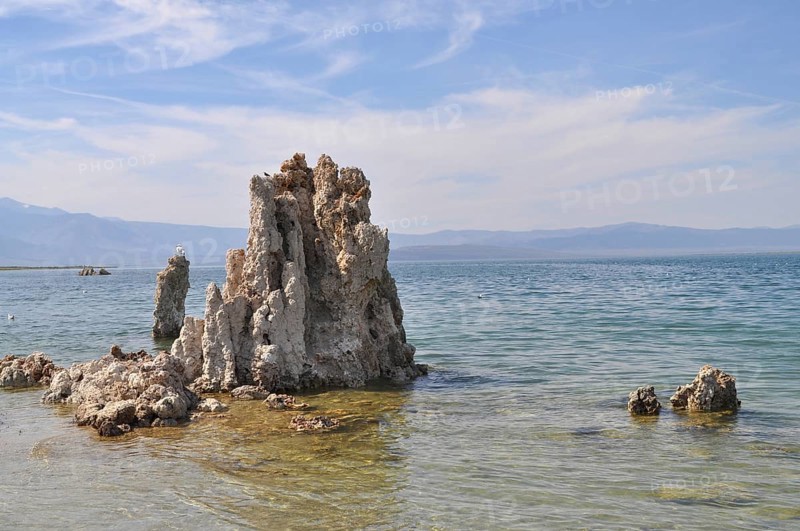 A detailed rock, Calcium Tuff Formation, rises out of the water surrounded by shore scenery, Lake Natron, Mono Lake, California, USA