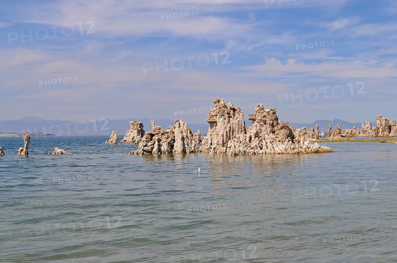 Notable rock formations, calcareous tuff formations emerging from calm water, situated under a clear sky, Lake Natron, Mono Lake, California, USA