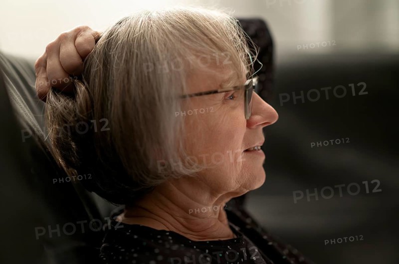 Elderly woman, portrait, profile, relaxed, friendly, gray hair, glasses, Stuttgart, Baden-Württemberg, Germany