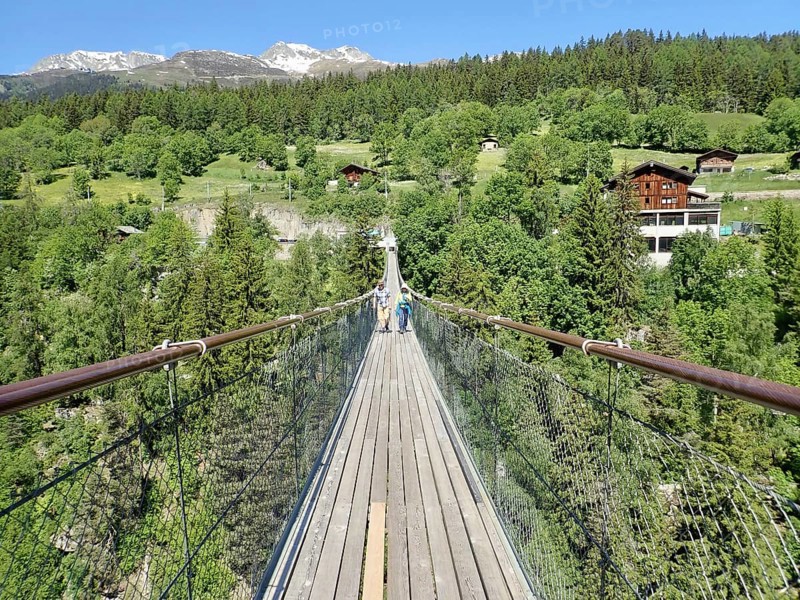Extensive suspension bridge in idyllic mountain and forest areas in sunny weather, Goms Bridge, Fürgangen, Mühlebach, Goms, Canton of Valais, Switzerland