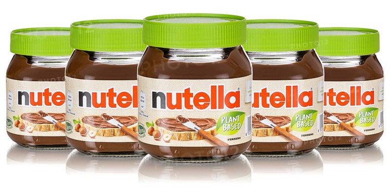 Nutella Plant Based Vegan Nut Nougat Cream 350g jars with logo cut against a white background in Stuttgart, Germany
