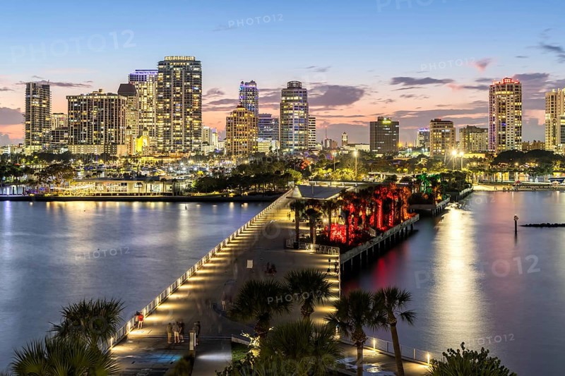 Saint Petersburg Florida skyline on Tampa Bay from above with St. Pete Pier at night in downtown St Petersburg, USA