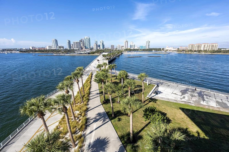Saint Petersburg Florida skyline on Tampa Bay with St. Pete Pier and skyscrapers in downtown St. Petersburg, USA