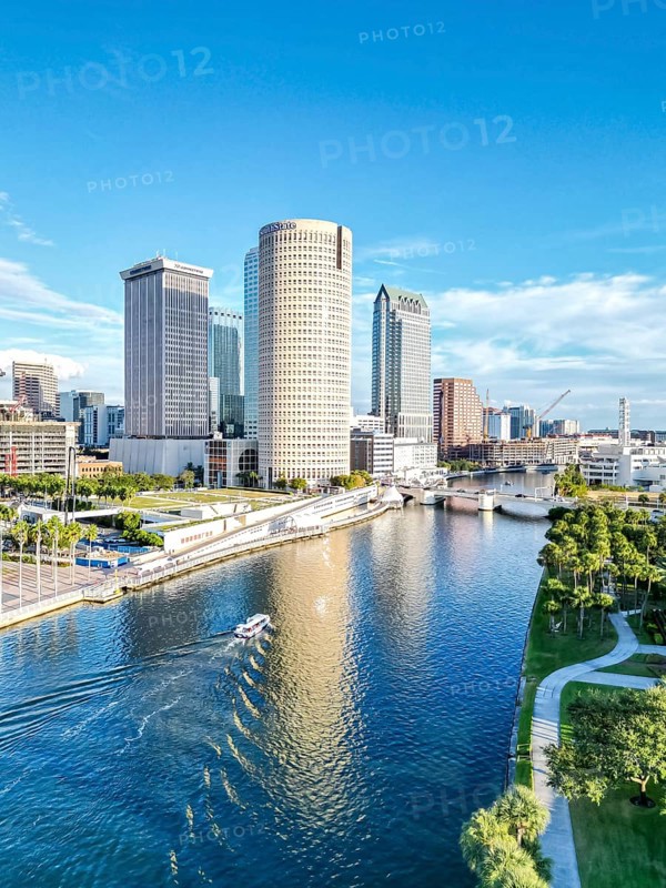 Tampa skyline from above aerial view with skyscrapers and Hillsborough River in downtown Tampa, USA