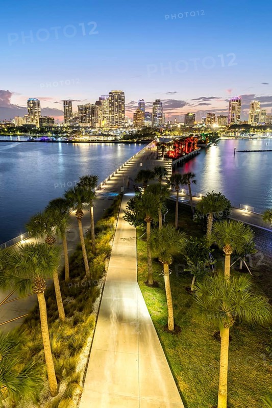 Saint Petersburg Florida skyline on Tampa Bay from above with St. Pete Pier at night in downtown St Petersburg, USA