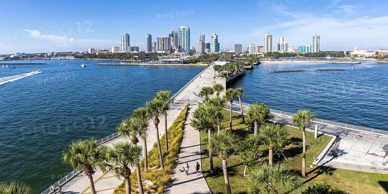 Saint Petersburg Florida skyline on Tampa Bay with St. Pete Pier and skyscrapers panorama in Downtown St Petersburg, USA