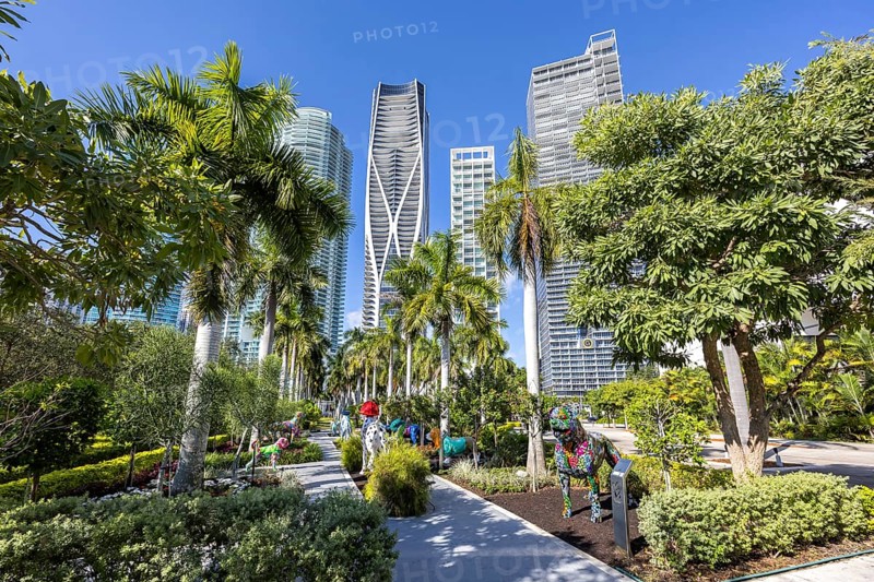 Miami Maurice A. Ferré Park modern art and skyline with skyscrapers in Miami, USA