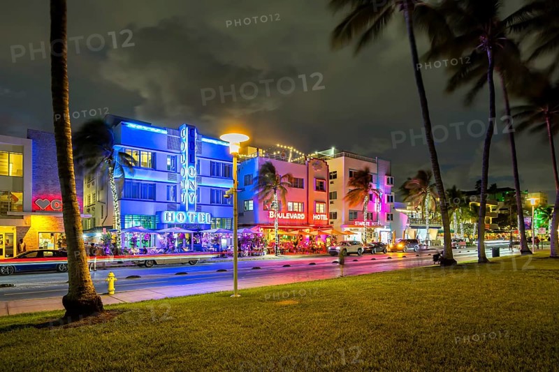 Miami Beach Florida building on Ocean Drive in art deco architecture style at night in Miami Beach, USA