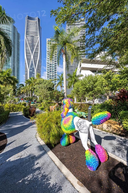 Miami Maurice A. Ferré Park modern art and skyline with skyscrapers in Miami, USA