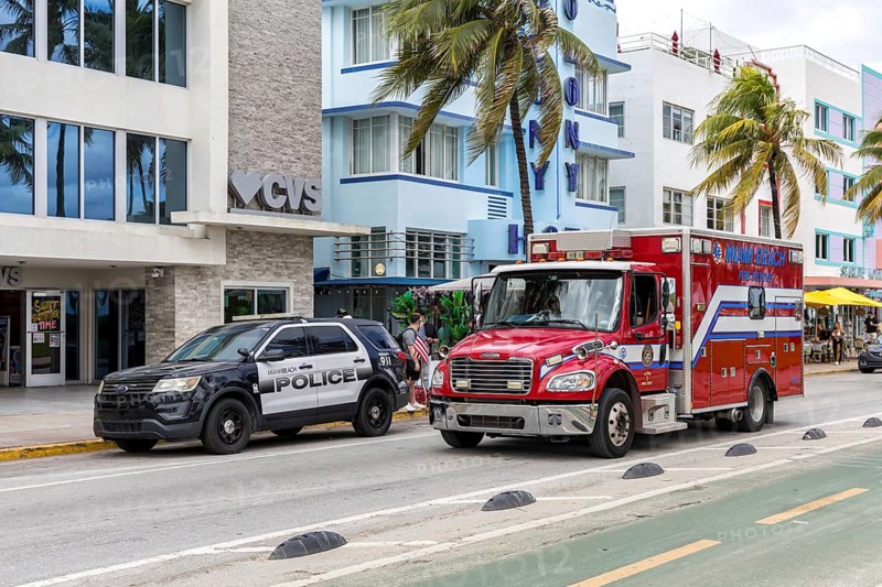 Fire and Police Car Fire Truck Police Car on Ocean Drive in Miami Beach, USA