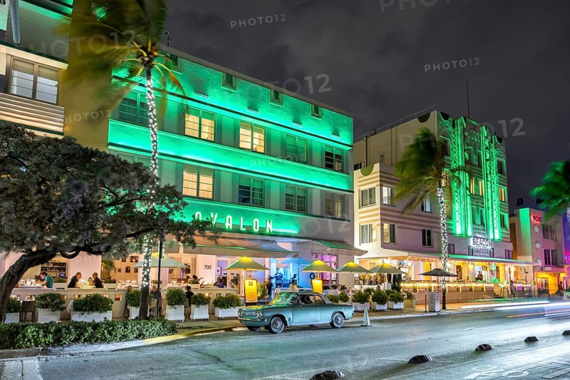 Miami Beach Florida Avalon Hotel on Ocean Drive in Art Deco architecture style at night in Miami Beach, USA