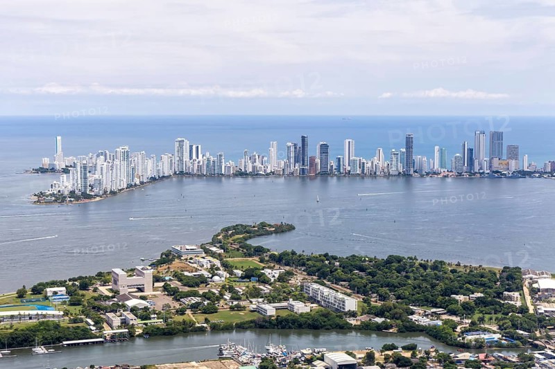 Cartagena skyline with skyscrapers in the Caribbean by the sea Aerial view from above in Cartagena, Colombia