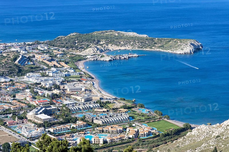 View of the holiday resort of Kolymbia with beach from above Mediterranean seaside island of Rhodes, Greece