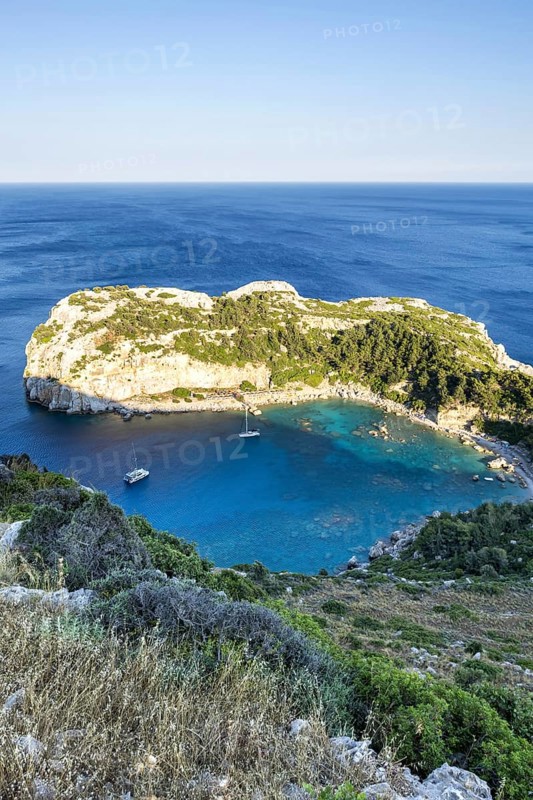 View of Anthony Quinn Bay beach and bay from above Mediterranean seaside island of Rhodes, Greece