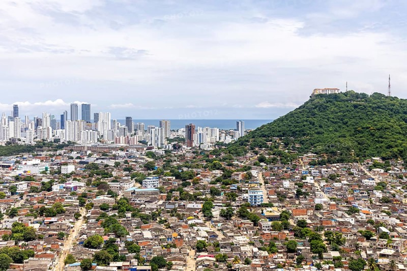 Cartagena skyline and Convento de Santa Cruz de la Popa monastery aerial view from above in Cartagena, Colombia
