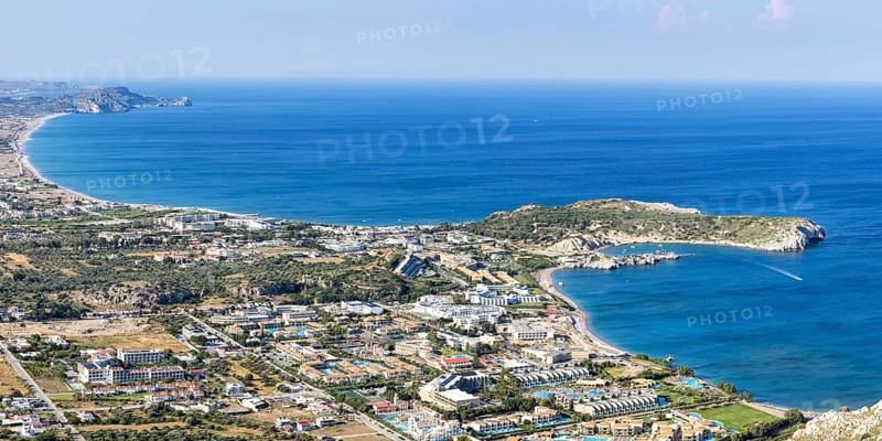 View of the holiday resort of Kolymbia with beach from above Mediterranean seaside holiday Panoramic island of Rhodes, Greece