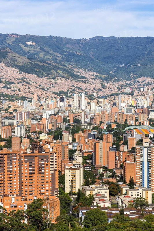 Medellin skyline view from Calasanz of skyscrapers with the city center in Medellín, Colombia