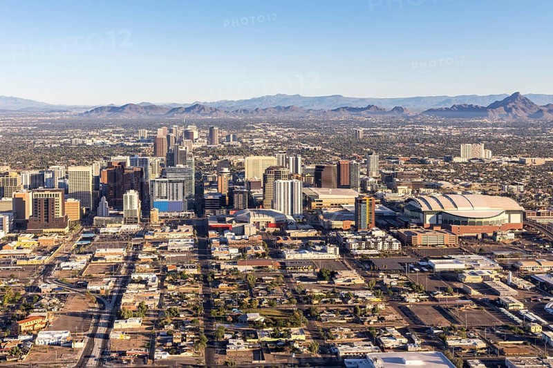 Phoenix Arizona downtown skyline with skyscrapers aerial view from above in Phoenix, USA
