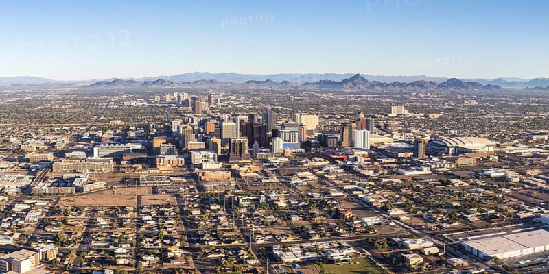 Phoenix Arizona skyline downtown with skyscrapers panoramic aerial view from above in Phoenix, USA