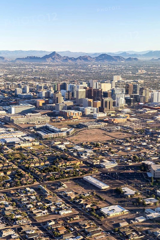 Phoenix Arizona downtown skyline with skyscrapers aerial view from above in Phoenix, USA