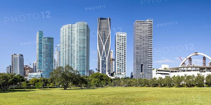 Miami skyline with high-rise real estate at Maurice A. Ferré Park Florida vacation panorama in Miami, USA