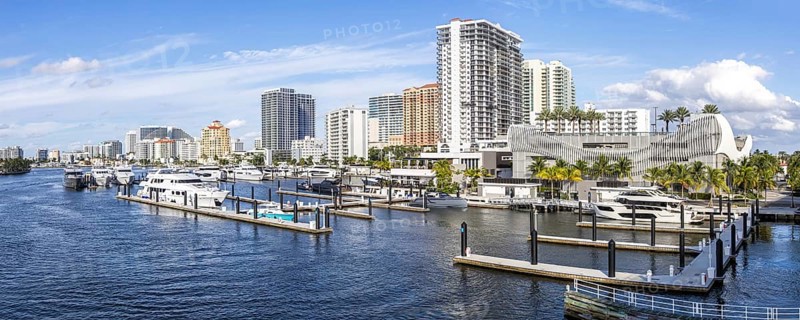 Fort Lauderdale skyline at Las Olas Marina with boats yachts panoramic Florida in Fort Lauderdale, USA