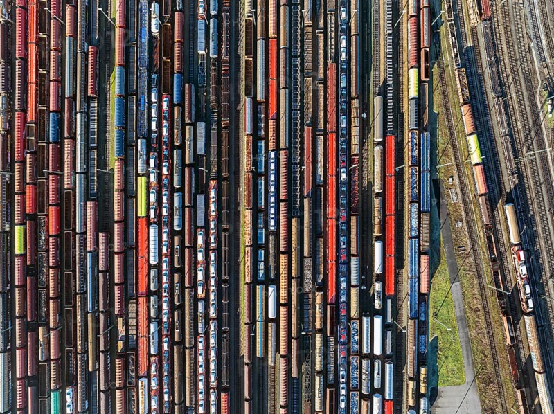Mannheim marshalling yard. There are many freight trains and freight wagons on the tracks. aerial view. Mannheim, Badn-Württemberg, Germany