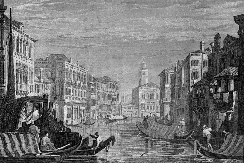 On the Grand Canal in Venice, Italy, covered gondolas, hustle and bustle, church tower, profession gondolier, steer boats, palaces, architecture, steel engraving, historical illustration 1835