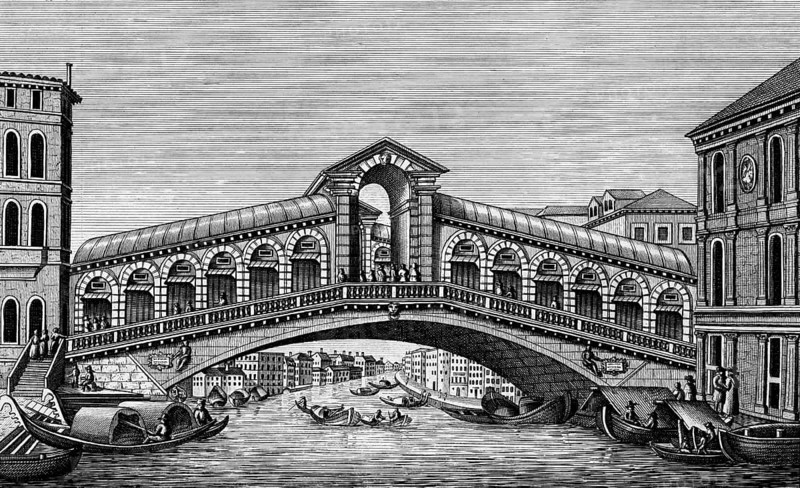 Ponte di Rialto, Rialto bridge over the Grand Canal, Venice, Italy, gondola, staircase, shore, palaces, architecture, steel engraving, historical illustration 1835