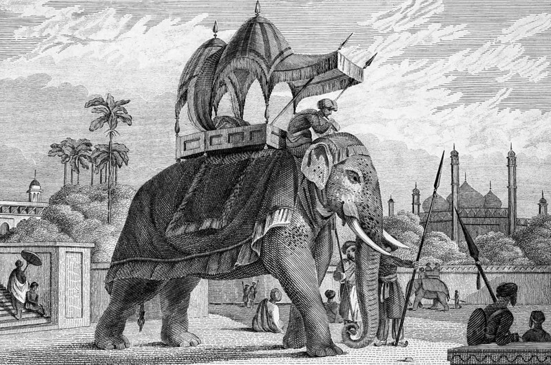 Equipped, decorated elephant with stretcher, travel, without location, temple, corner towers, guard with lances, transport, working elephant, animal husbandry, palm trees, people, probably India, architecture, steel engraving, historical illustration 1835