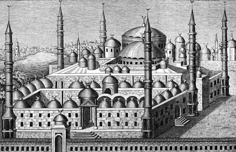 Sultan Akhmed Mosque also Blue Mosque, early 17th century, Istanbul, Turkey, Islam, slender minarets with crescent, domes, outer wall, steps, architecture, steel engraving, historical illustration 1835