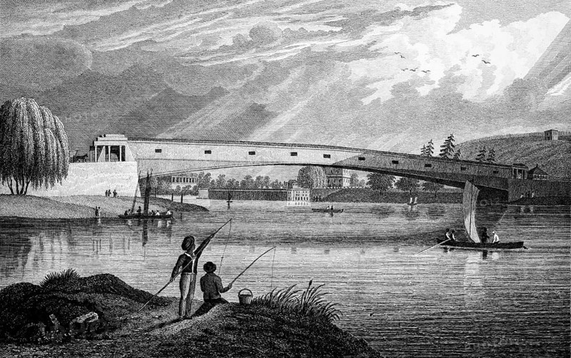 Large bridge over the Schuylkill River, Philadelphia, USA, fisherman on the shore, rowing boat with sail, people, construction, wood, willow tree, architecture, steel engraving, historical illustration 1835