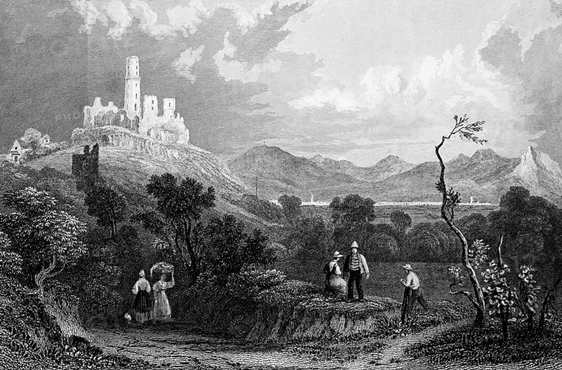 Ruin of Godesberg Castle, Bonn-Bad Godesberg, Rhineland-Palatinate, Germany, Höhenburg, protected area, round tower, idyllic landscape, trees, Rhine valley, visitors, two woman with dogs, mountains, architecture, steel engraving, historical illustration 1835
